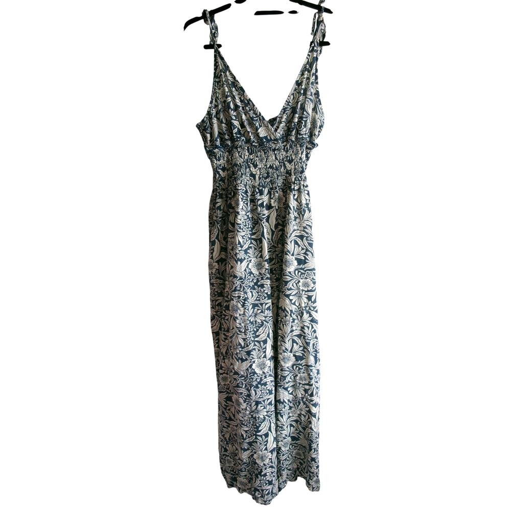Patrons of Peace Floral Smocked Wide Leg Jumpsuit Women's Medium Blue Boho